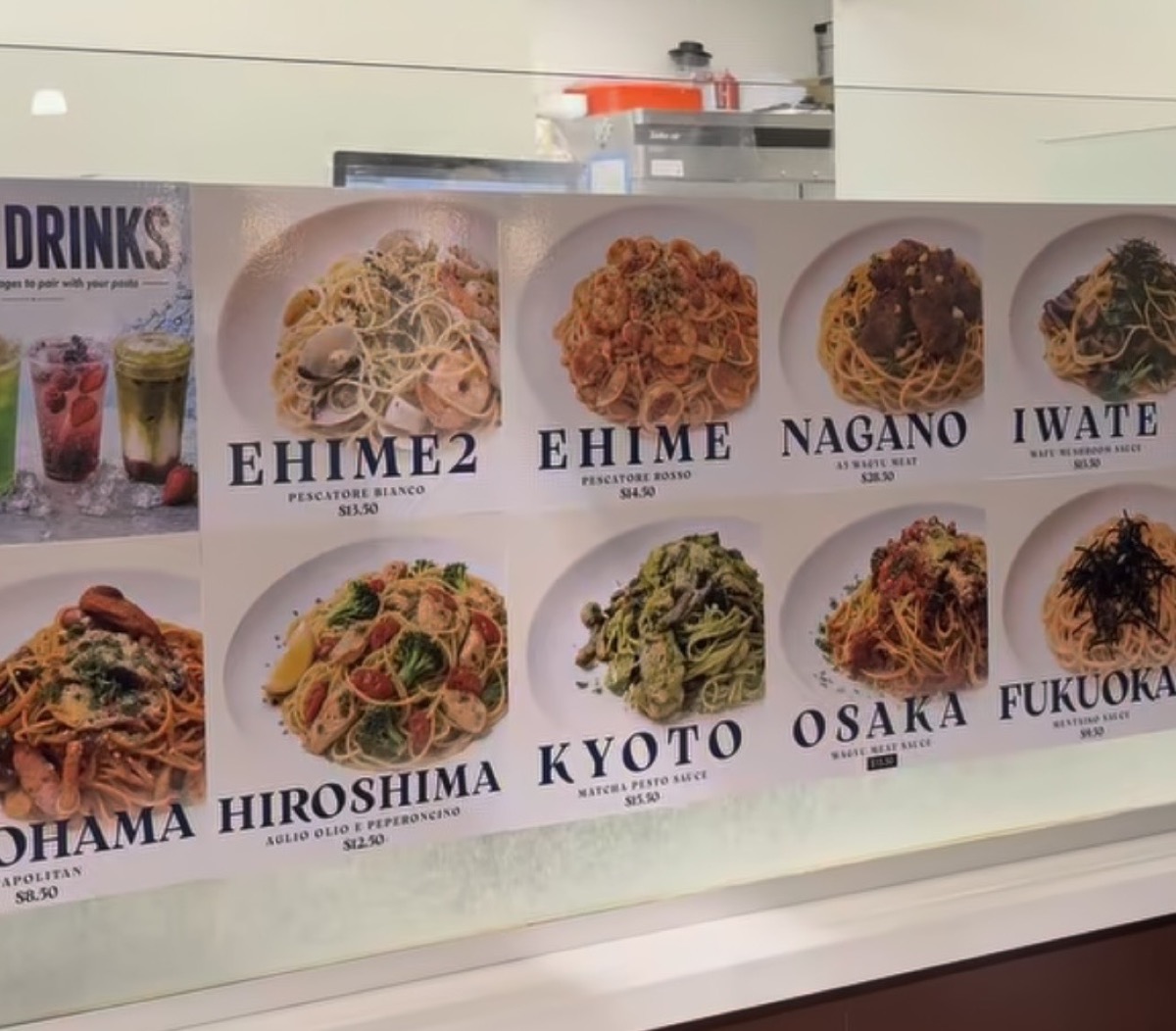Pasta Stories menu board at Tokyo Central